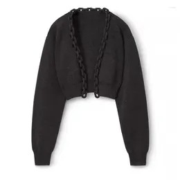 Women's Knits 23Runway Black Chain Knitted Cardigan Fashion Classic V-Neck Short Wool Sweater Y2K Women Long Sleeve High Quality Clothing