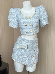 QOERLIN Stylish Sky Blue Tweed 2 Piece Set Double-Breasted Short Suit Coat High Waist Zipper Mini Skirt Two-Piece Women Outfit 240109