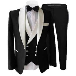 Costume Homme 3 Pcs White Shawl Lapel Wedding Groom Prom Full Men Suits Tuxedos Bespokens Business Formal Male Blazers Sets 240110