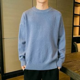 Man Clothes Plain No Hoodie Knitted Sweaters for Men Pullovers Blue Solid Color A Casual Thick Winter Korean Autumn S 240110