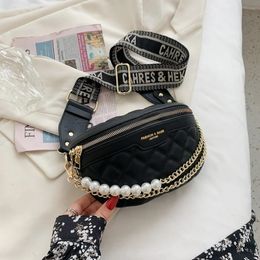 Luxury pearl Beading Chain Waist Bags For Women Diamond Lattice PU Fanny Pack Female Stylish Waist Pack Wide Strap Crossbody Bag 240109