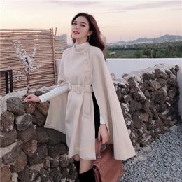 Autumn Winter High Quality Woollen Cloth Shawl Cape Poncho with Belt Women Mid-length Korean Sleeveless Casual Ladies Cape Coats 240110
