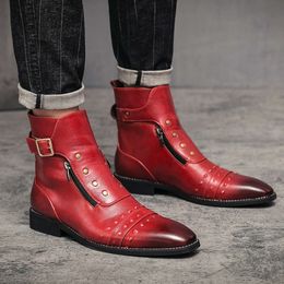 Fashion Pointed Red Ankle Men Zip Breathable Men's High Leather Shoes Comfortable Waterproof Non-slip Man Basic Boots