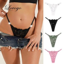 3PC Sexy lingerie metal chain women's underwear lace perspective thong Brazilian women's underwear low waisted G-string Lenceria Tanga Mujer 230110