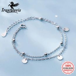 Bangles Trustdavis Authentic 925 Sterling Silver Fashion Double Chain Beads Wafer Bracelets For Women Wedding Anniversary Jewelry DB467