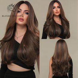 Blonde Unicorn Ombre Brown Synthetic Wig Long Wavy Hair no Bangs for Women Heat Resistant Daliy Cosplay Party Use 240110