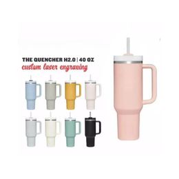 Water Bottles 1Pc Us Stock 40Oz Pink Stainless Steel Tumbles With Colorf Handle And St Reusable Insated Travel Tumbler Big Capacity Bo Othf7