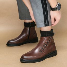 Fashion High Top Knitting Leather Shoes for Men Retro Casual Zip Brown Man Trendy Outdoor Non-slip Men's Ankle Boots