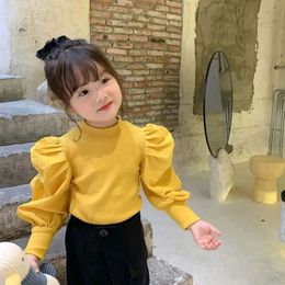 Spring and Autumn Girls Puff Sleeve Thread Bottom Shirt Retro Design Top Children's Tees Baby Cotton Long Sleeve T-shirt 0-7Y 240109