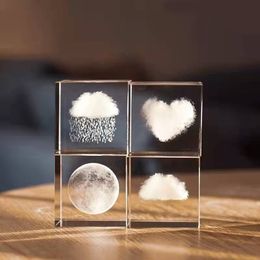 Crystal 3D Sculpture Customized Square Body Sculpture Raindrops, Clouds, Love for the Moon, Solar System, Cubic Craft Decoration