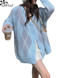 UHYTGF Sweater Cardigan For Women Spring Autumn Diamond Cheque V-Neck Loose Long-Sleeved Single-Breasted Chic Female Knitwear 240109