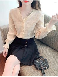 Women's Blouses Woman Lace Stitching V-Neck Simple Black Chiffon Shirt Summer Lantern Long Sleeve Pullover Top Fashion Lady Elegant Street