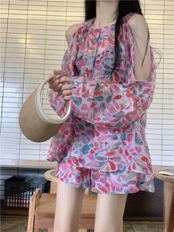 Women's Tracksuits Harajpee Vacation Style Suits Off Shoulder Top Women Summer French Gentle Unique Exquisite Long Sleeved Floral Shirt Sets