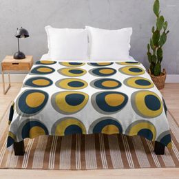 Blankets Double Dots Retro Pattern In Light And Dark Mustard Yellow Navy Blue Grey White Throw Blanket