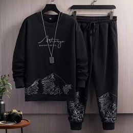 Men Activewear 2piece Set Men's Mountain Print Tracksuit with Oneck Sweatshirt Jogger Pants for Autumn Winter Casual Wear 240110