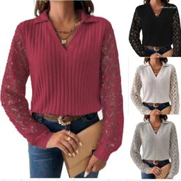 Women's Blouses 2024 Casual Solid Color Lace Hollow-out Long Sleeve Vertical Stripe Printed V-neck Pullover Shirt Top Women