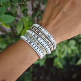 Bracelets Drop Shipping Women Men Stylish Boho White Howlite Mix Wrap Beadwork Bracelet with Grey Cord