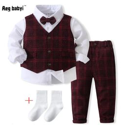 Autumn Baby Boys Formal Suits Clothes Gentleman Long Sleeve Shirt Tie Vest Trousers 5Pcs Set Kids Birthday Wedding Party Dress 240109