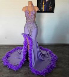 Purple 2024 Feathers Train Halter Prom for Black Girls Sexy Mermaid Glitter Evening Gowns African Birthday Party Dress