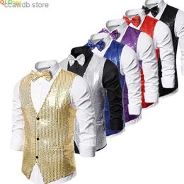 Men's Tracksuits Gold Sequin Vest Men's Single-breasted V-neck Sleeveless Vests Coat Wedding Party Waistcoat Silver Blue Purple Red T240110