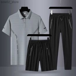 Men's Tracksuits 2023 Men Running Sets Polo Sportswear Ice Silk Large Size Stretch T-shirt Casual Pants Suit Summer 3 Piece Sports Suit Joggers Q230110