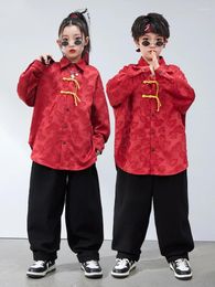 Stage Wear Chinese Style Jazz Modern Dance Costumes For Kids Red Jacket Hiphop Pants Suit Girls Boys Performance DQS15195