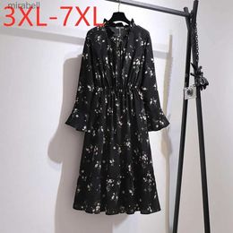 Basic Casual Dresses Plus size New Autumn Winter Size For Women Large Loose Long Sleeve Floral Print Flower Chiffon Midi Dress 3XL 4XL 5XL 6XL 7XL YQ240110