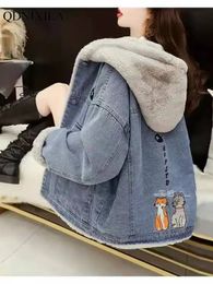 2023 Winter Spring In Women's Denim Jacket Blue with Hat Hoodie Fashion Oversize Embroidered Streetwear Jean Coat Outerwears 240109