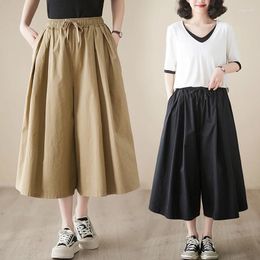 Women's Pants Vintage Literature Elastic Waist Loose Solid Cotton Wide Leg 2024 Summer Greeb Black Capris Thin Casual Trouser Women