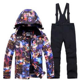 Skiing Suits -30 Children Snow Suit Wear Outdoor Waterproof Windproof Warm Costume Winter Snowboarding Ski Jacket + Strap Pant Boys and Girls