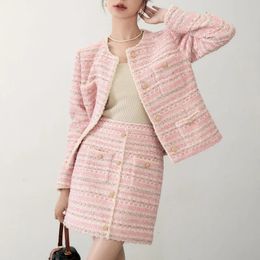 Autumn Winter Clothes Korean Fashion Pink Plaid Tweed Jacket and Skirt Sets Women 2 Piece Outfit Roupas Feminina 240109