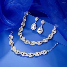 Necklace Earrings Set 3Pcs Jewellery Rhinestone Teardrop Pendant Faux Crystal Choker Bracelet Wedding Party Accessory