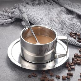 Stainless Steel Coffee Cups Set Double-deck Thermal Insulation Latte Mug Tea Cups Set Milk Mug with Saucer Mat Spoon 200ml 180ml 240110