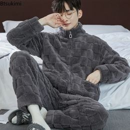 2023 Men's Thicken Warm Pajamas Sets Flannel 2 Piece Sleepwear Male Autumn Winter Home Suit Soft Nightwear Pijama Loungewer 240109