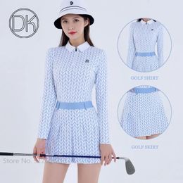 Shirts Dk Autumn Women Printed Golf Shirts Longsleeved Slim Tshirt Female High Waist Pleated Skirt Golf Culottes Ol Clothing Suit