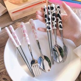 Dinnerware Sets 2/3Pcs Cute Cow Pattern Cutlery Set Stainless Steel Fork Spoon Chopsticks Travel Portable With Storage Box