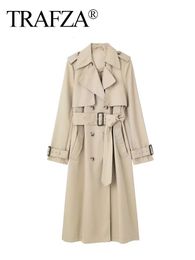 TRAFZA Autumn Coats Woman Trendy Solid Turn-Down Collar Long Sleeves Belt Decoration Double Breasted Female Fashion Trench Coats 240109