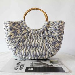 Totes 2023 Summer New Bamboo Handle Blue White Grass Woven Bag Round Dou Beach Handheld Women's Shoulder bagstylishhandbagsstore