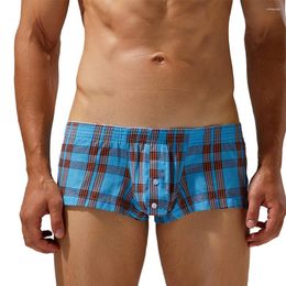 Underpants Men Plaid Boxer Briefs Cotton Comfortable Soft Shorts Button Bulge Pouch Classic Panties Low Rise Bikini Underwear