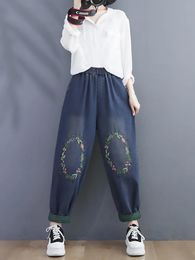 Dress Flower Ring Embroidery Sweet Women Jeans Spring Fall Fashion Loose Casual Elastic Waist Denim Pants Lady Patchwork Retro Trouser