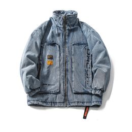 Japan Style Stand Collar Men Letters Printed Retro Denim Jacket Autumn Winter Front Big Pockets Zip Up Coat Loose 240109