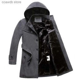 Men's Wool Blends Men's Fleece Hooded Thick Wool Winter Coat 2021 Brand New Long Wool Trench Coat Men Casual Pocket Overcoat with Removable Hood T240110