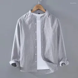 Men's Casual Shirts Grey Linen Long Sleeve Shirt Stand Collar Henley Soft And Comfortable Summer Solid Colo