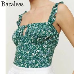 Camis Summer green flora front hollow out ruffle women's casual printed trim slim camisole cropped tops