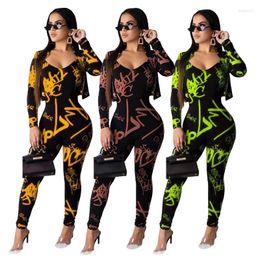 Women's Two Piece Pants Summer One-Piece Trousers Zipper Jacket Low-Cut V-Neck Trend Printing Fashion Slim Two-Piece Suit