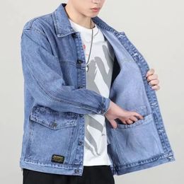 denim jacket men's loose multi pocket trend versatile top large lapel casual 240109