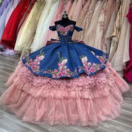 Ruffels Embroidery Dresses Off The Shoulder Tiere Ball Gown Vestidos De Quinceanera Aqua Bow Tie Train Sweet 15 Dress 326