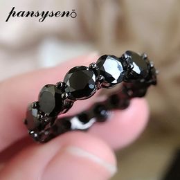 PANSYSEN Solid 925 Sterling Silver Round Cut Created Obsidian Black Gemstone Rings for Women Vintage Fine Jewelry Ring Wholesale 240109