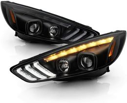 15-18 Ford Focus LED DRL Sequential Turn Signal Projector Headlights Black