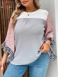 Women's T Shirts Fashion Women Contrast Colour T-Shirts Patchwork Design O-Neck Flare Wrist Sleeve Spring Autumn Casual Loose Pullovers Top